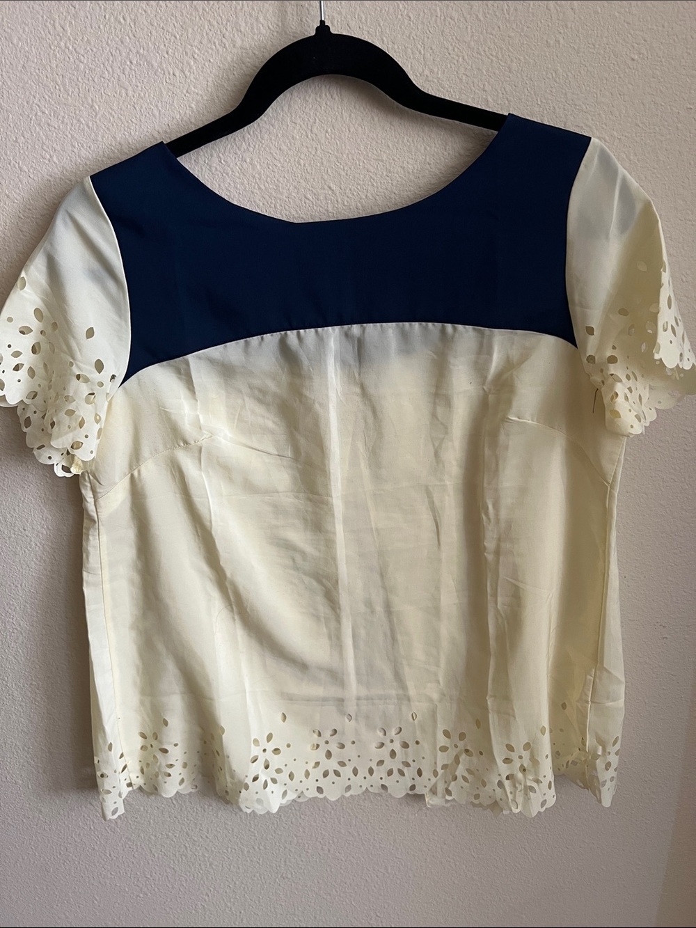 Freeway Navy and Yellow Eyelet Trim Short Sleeve Blouse